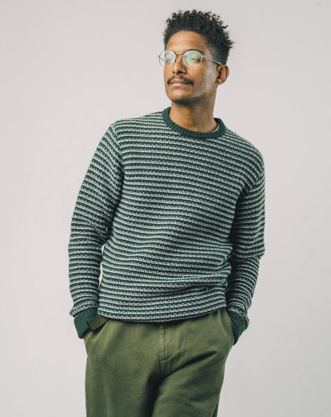 Men Sale Stripes Sweater Dark Green Knitwear