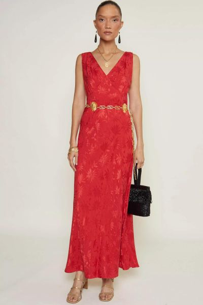 Dresses Women Sandrine - V-Neck Midi Dress Daisy Jacquard Red Fresh