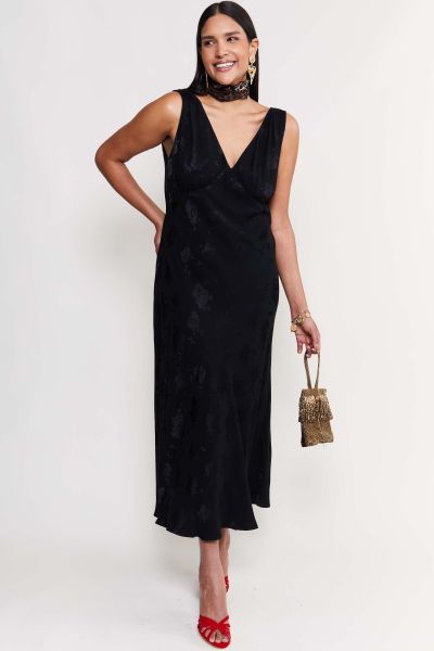 Exclusive Black Poppy Jacquard Dresses Women Sandrine - V-Neck Midi Dress