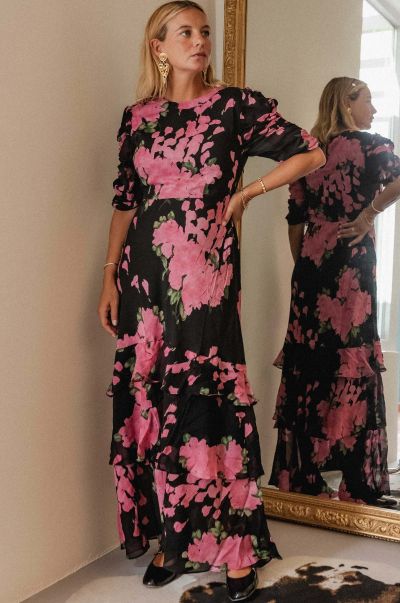 Trendy Blossom Pink Evelyn - Ruffled Midi Dress Dresses Women