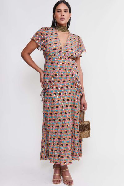 Dresses Women Evie - Frilled Midi Dress Klimt Stamp Foil Dahlia Elegant