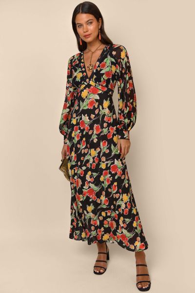 Reduced Fontainhas Floral Black Women Dresses Ayla - V-Neck Midi Dress