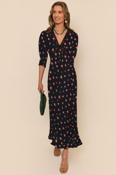 Gemma - Lace-Trim Midi Dress Classic Dresses Women Vintage Rose- Black
