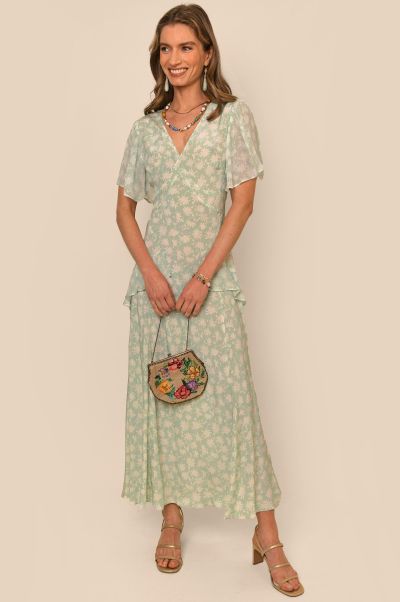 Women Evie - Silk V-Neck Dress Dresses Exclusive Vintage Daisy Green