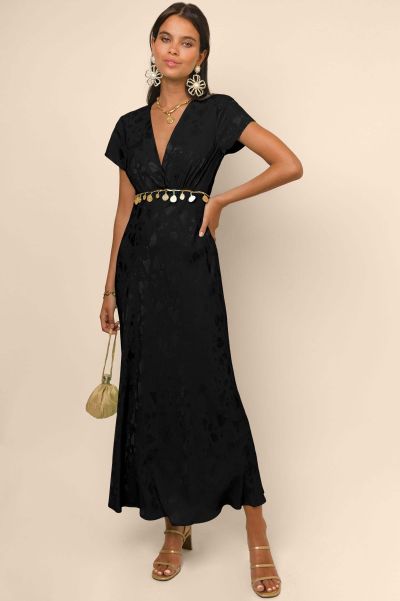 Vintage Women Dresses Clarissa - V-Neck Midi Dress Black Poppy Jacquard