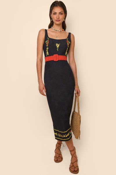 Women Modern Benedict - Strappy Midi Dress Summer Embroidery Black Dresses