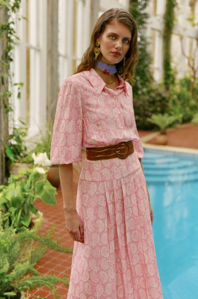 Women Personalized Izzy - Pleated Shirtdress Paisley Stamp Pink Dresses