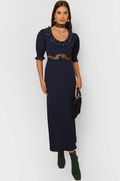 Refined Giuliana - Frilled Knit Dress Navy Vintage Spot Dresses Women