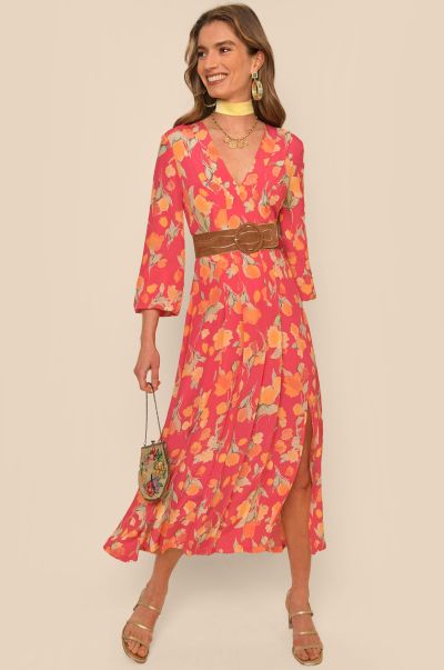 Camellia - Silk V-Neck Dress Women Sustainable Fontainhas Floral Coral Dresses