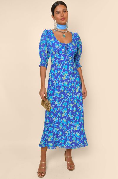 Sathya - Scoop-Neck Dress Women Exceptional Dresses Fontainhas Floral Cobalt