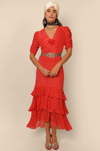 Rosheen - Silk-Mix Midi Dress Women Red Vintage Spot Dresses Cheap