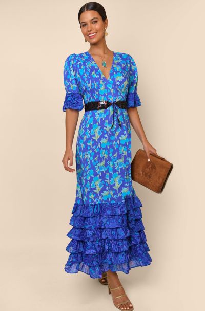 Dresses Mari - Frilled Midi Dress Women Fontainhas Floral Cobalt Mix Sleek