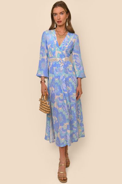 Camellia - Silk V-Neck Dress Secure Dresses Parisian Daisy Blue Women