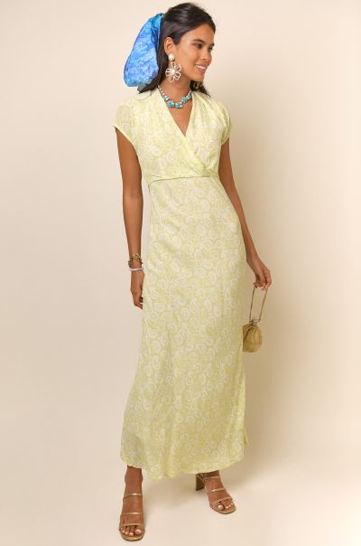 Sleek Women Chartreuse Paisley Stamp Dresses Clarissa - V-Neck Midi Dress