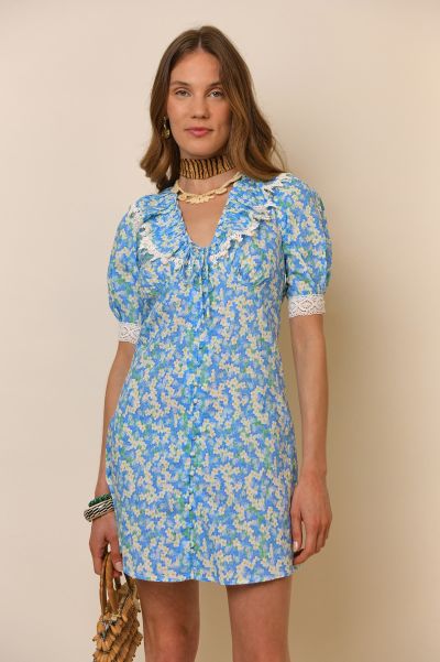 Women Blue Tropical Floral Dresses Fresh Anya - Lace-Trim Mini Dress