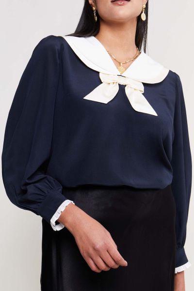 Eimer - Bow-Collar Silk Top Women Professional Navy Tops