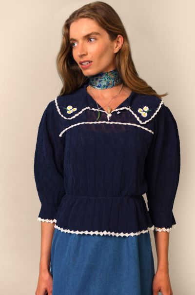 Tops Kali – Embroidery Navy- Collared Jumper Luxurious Women Navy