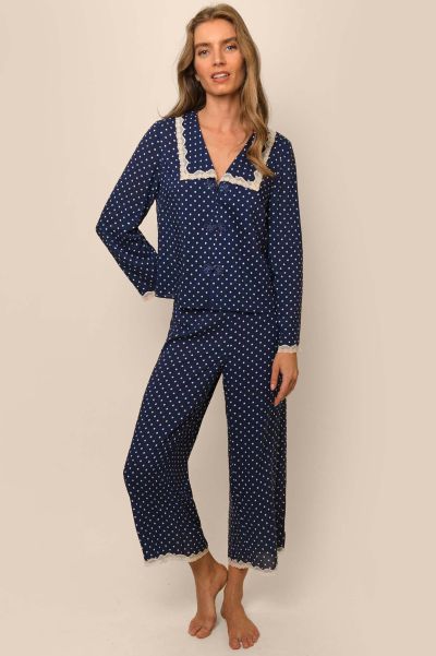 Women Flexible Loungewear Polka Dot Navy Annabelle - Lace-Trim Pyjamas