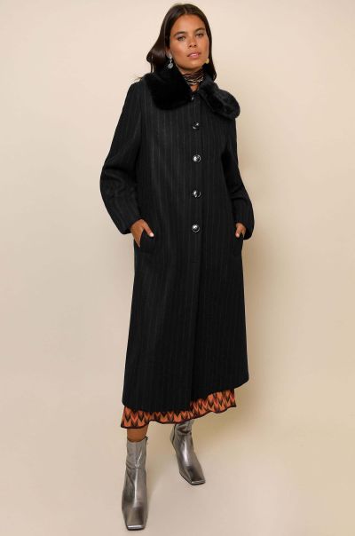 Fashionable Navy Pinstripe Coats And Jackets Women Milly - Fur-Collared Coat