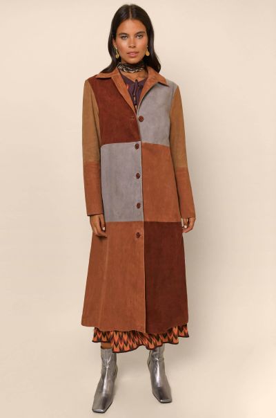 Women Lindsey - Leather Midi Coat Patchwork Autumn Cutting-Edge Coats And Jackets