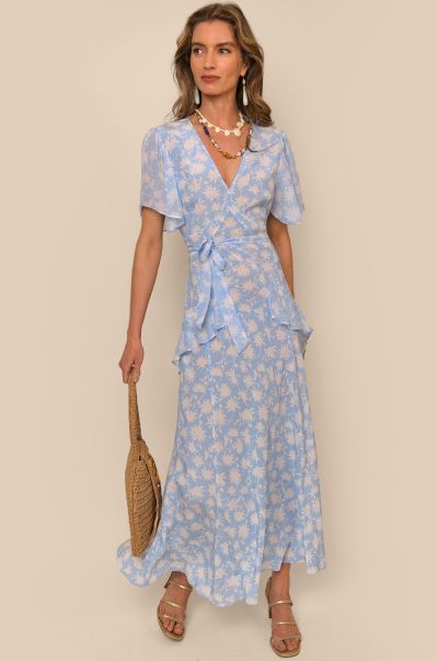 Bridesmaids Evie - Silk V-Neck Dress Sumptuous Women Vintage Daisy Blue