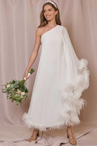 Liza - Feathered Silk Dress Women Ivory Feathers Party Robust